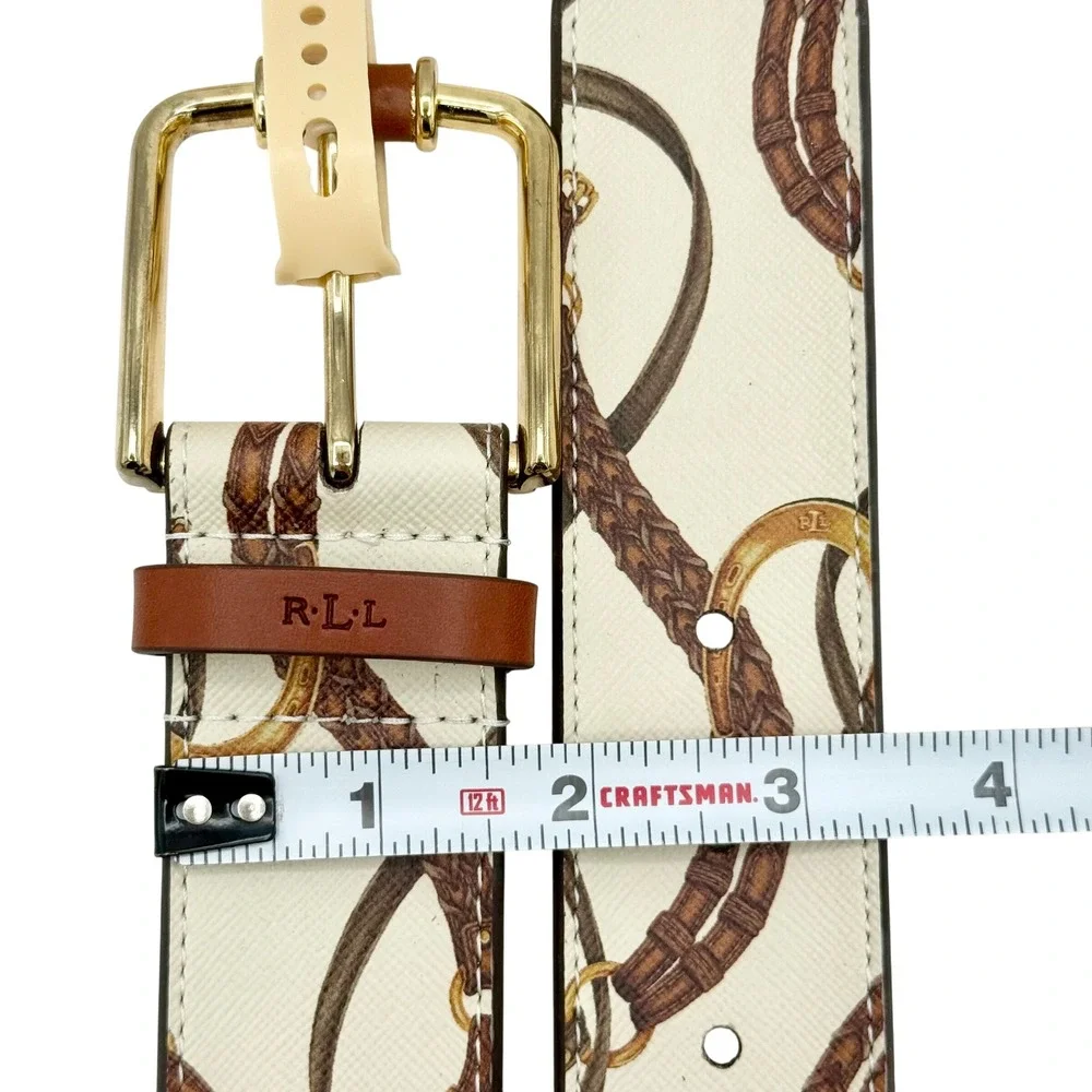 Lauren Ralph Lauren Belt Womens Medium Cream Equestrian Horsebit Print Gold